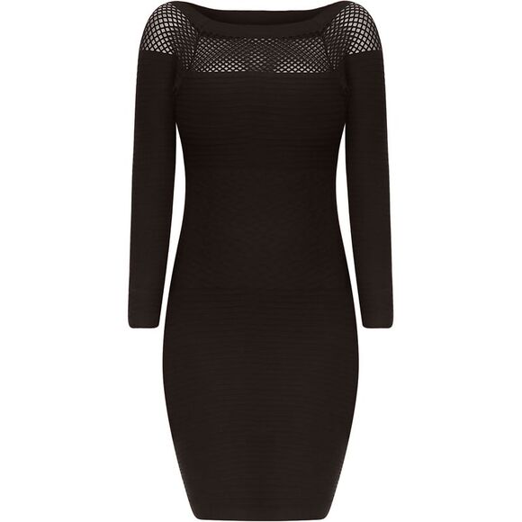Black Long Sleeve Netted Neckline Dress - Picture 1 of 8